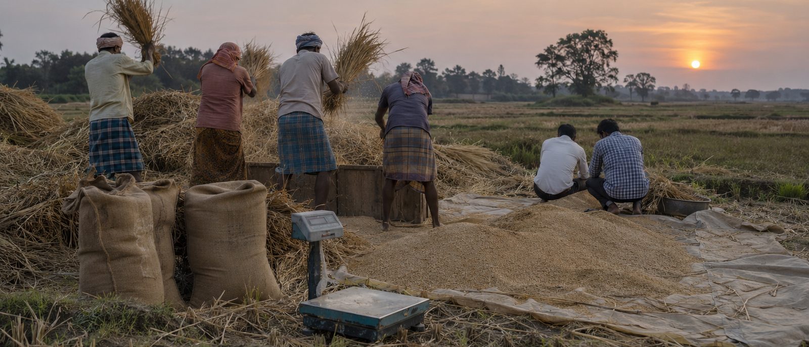 Threshing harvested paddy beside a weighing scale and grain sacks at dusk
