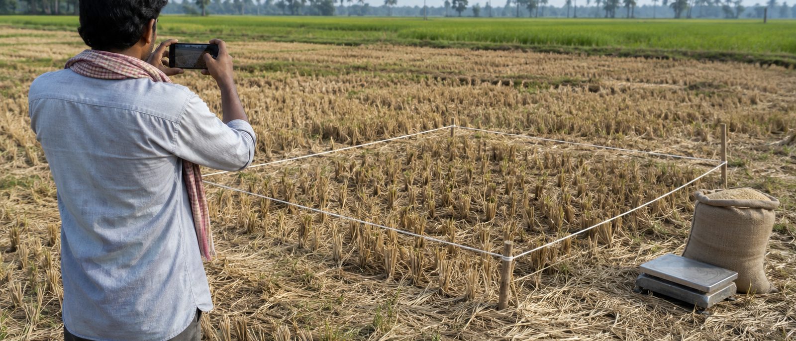 Surveyor photographing a marked crop cutting plot in a harvested paddy field