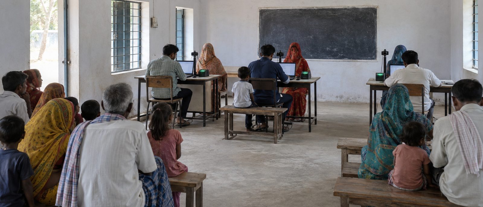 Enrolment desks with biometric devices in a village classroom, families waiting on benches